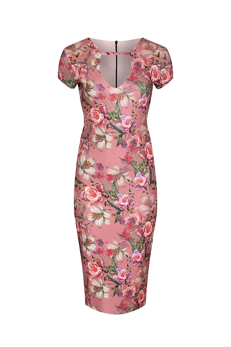 Pale Pink Floral Print Capped Sleeve Wiggle Pencil Dress