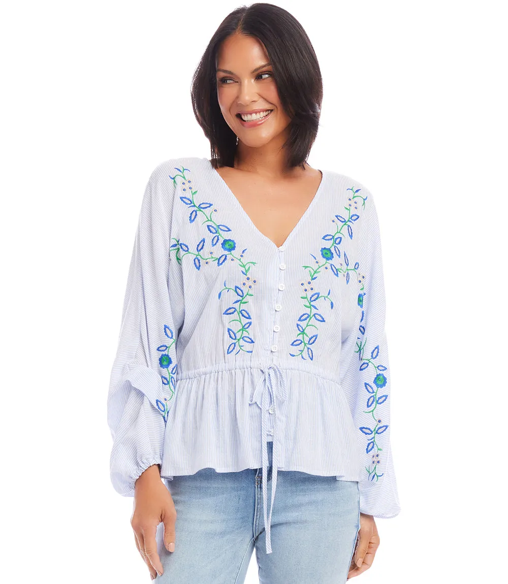 Petite Size Embroidered Drawstring Top