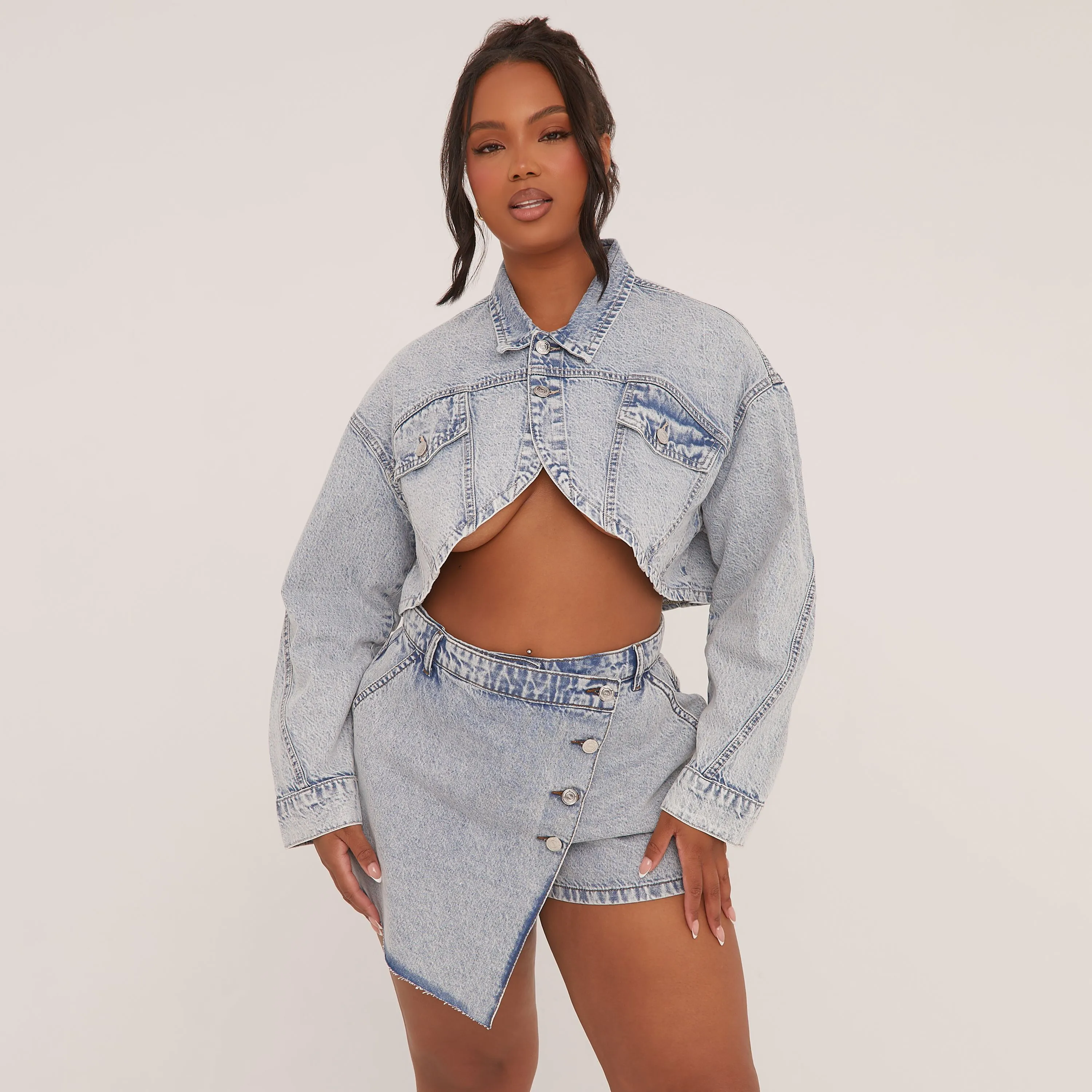 Plus Oversized Split Front Cropped Jacket In Blue Denim