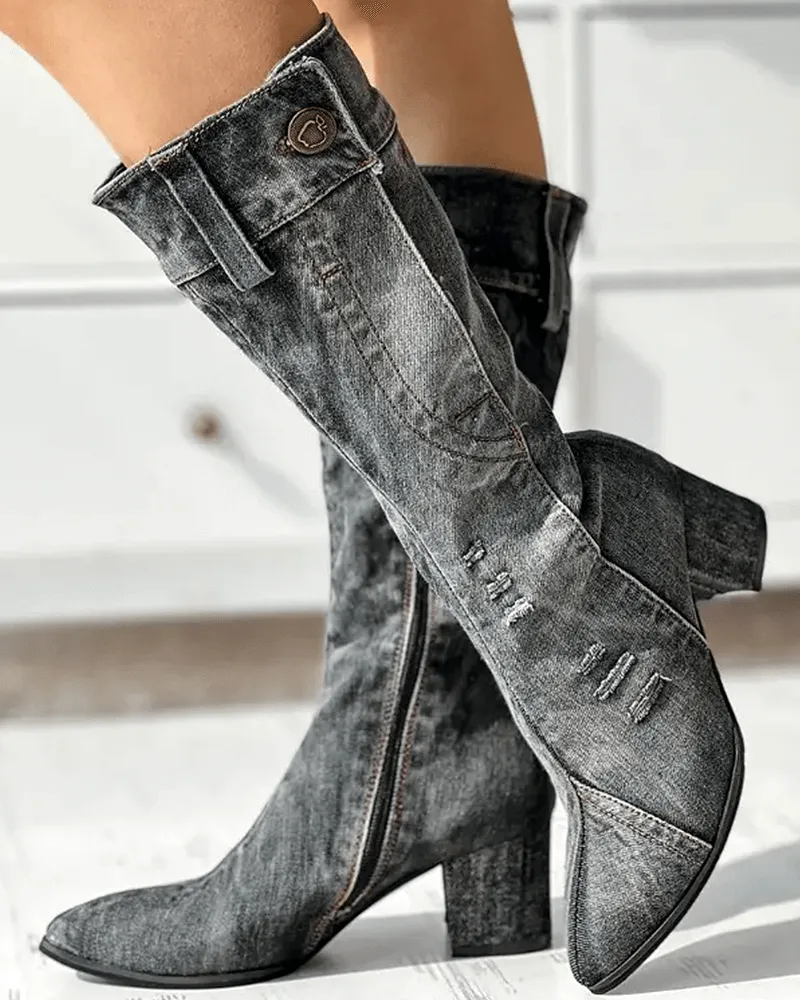 Pointed Toe Denim Zipper Boots