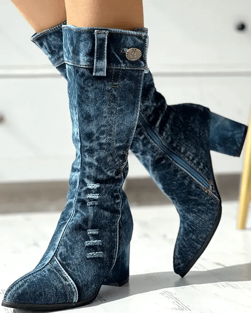 Pointed Toe Denim Zipper Boots