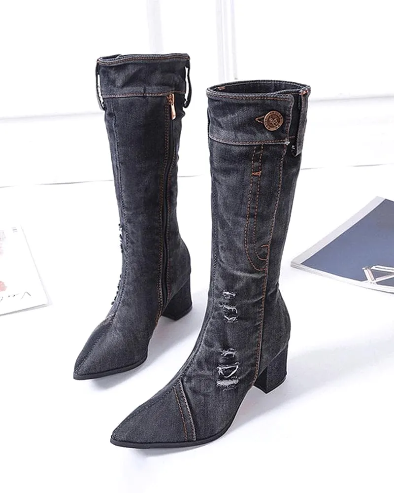 Pointed Toe Denim Zipper Boots