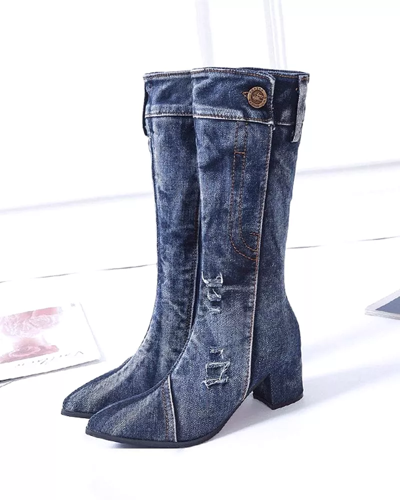 Pointed Toe Denim Zipper Boots