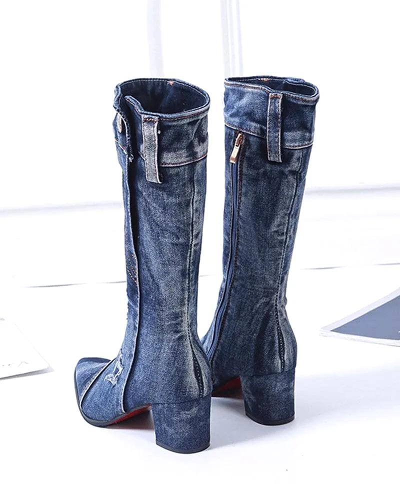 Pointed Toe Denim Zipper Boots