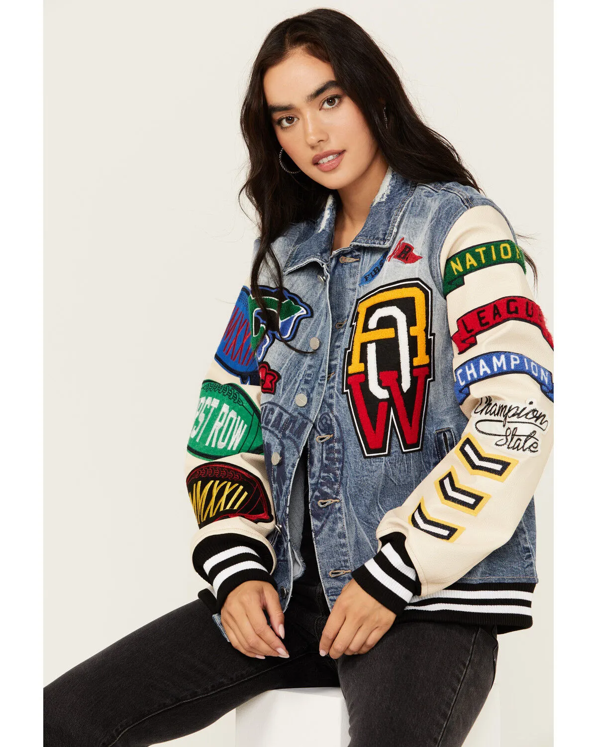 Product Name:  First Row Women's Light Wash Denim Varsity Jacket