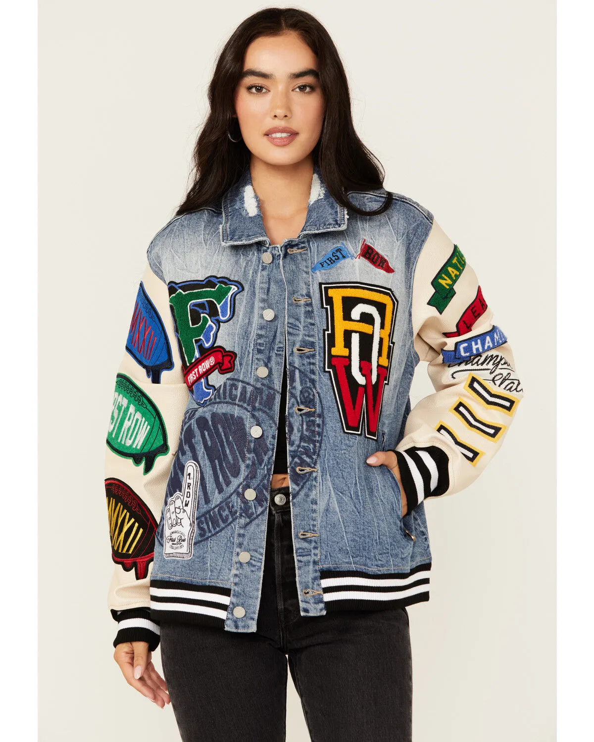 Product Name:  First Row Women's Light Wash Denim Varsity Jacket