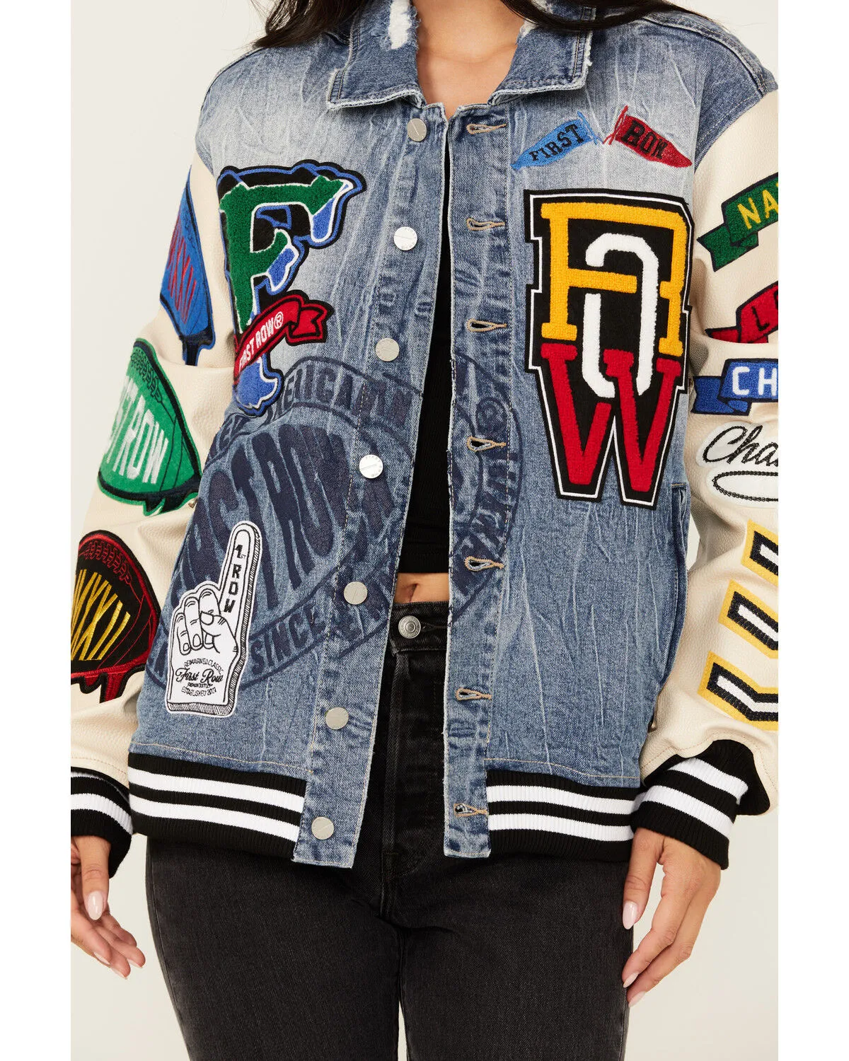 Product Name:  First Row Women's Light Wash Denim Varsity Jacket