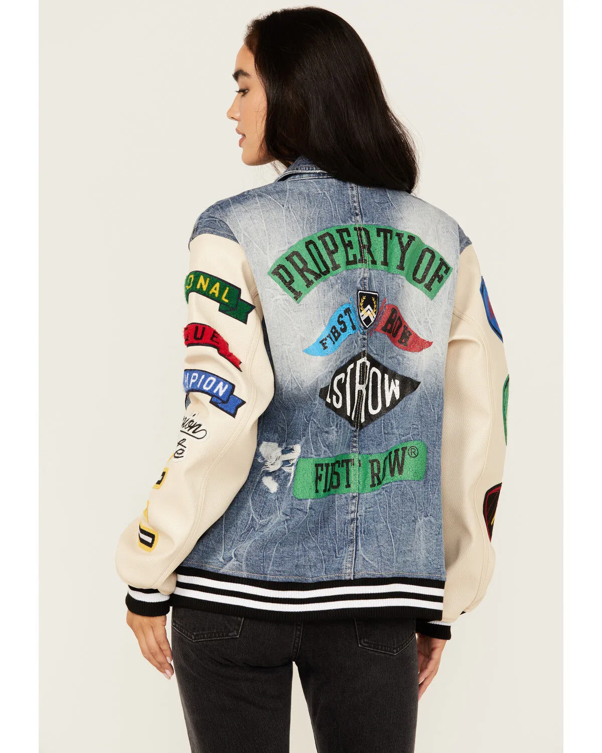 Product Name:  First Row Women's Light Wash Denim Varsity Jacket