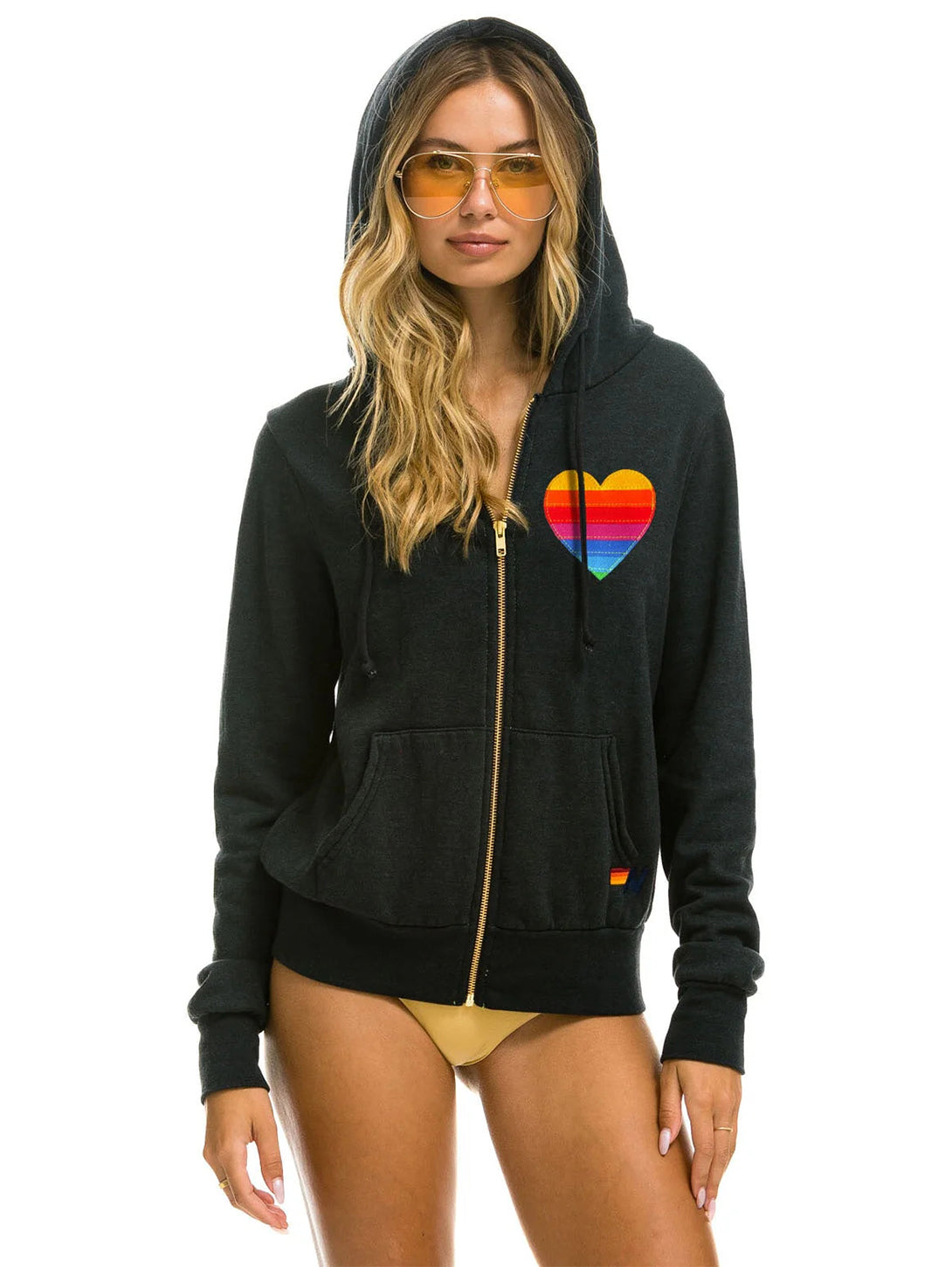 Rainbow Heart Stitch Zip Hoodie - Charcoal