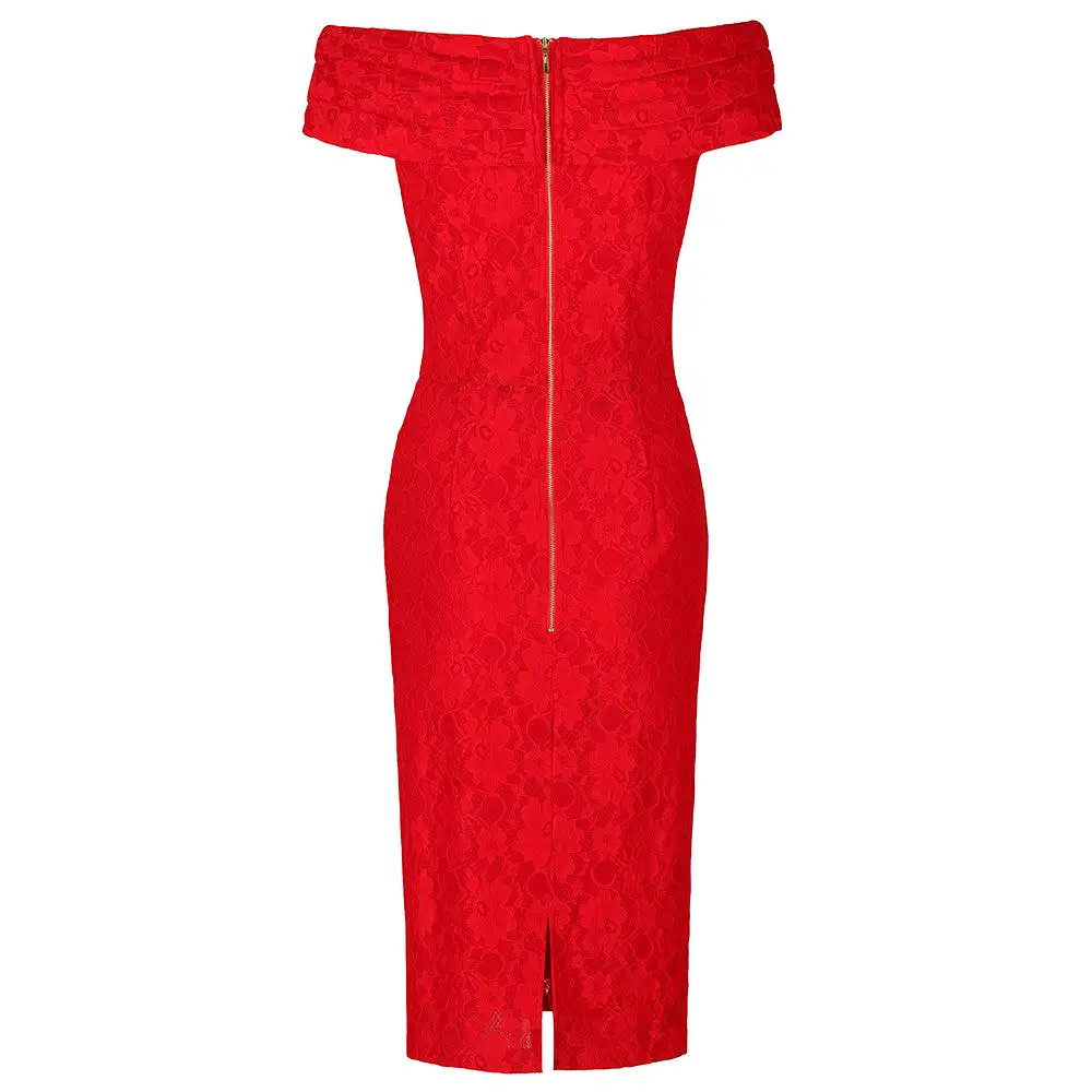 Red Lace Bardot Wiggle Pencil Dress