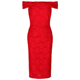 Red Lace Bardot Wiggle Pencil Dress