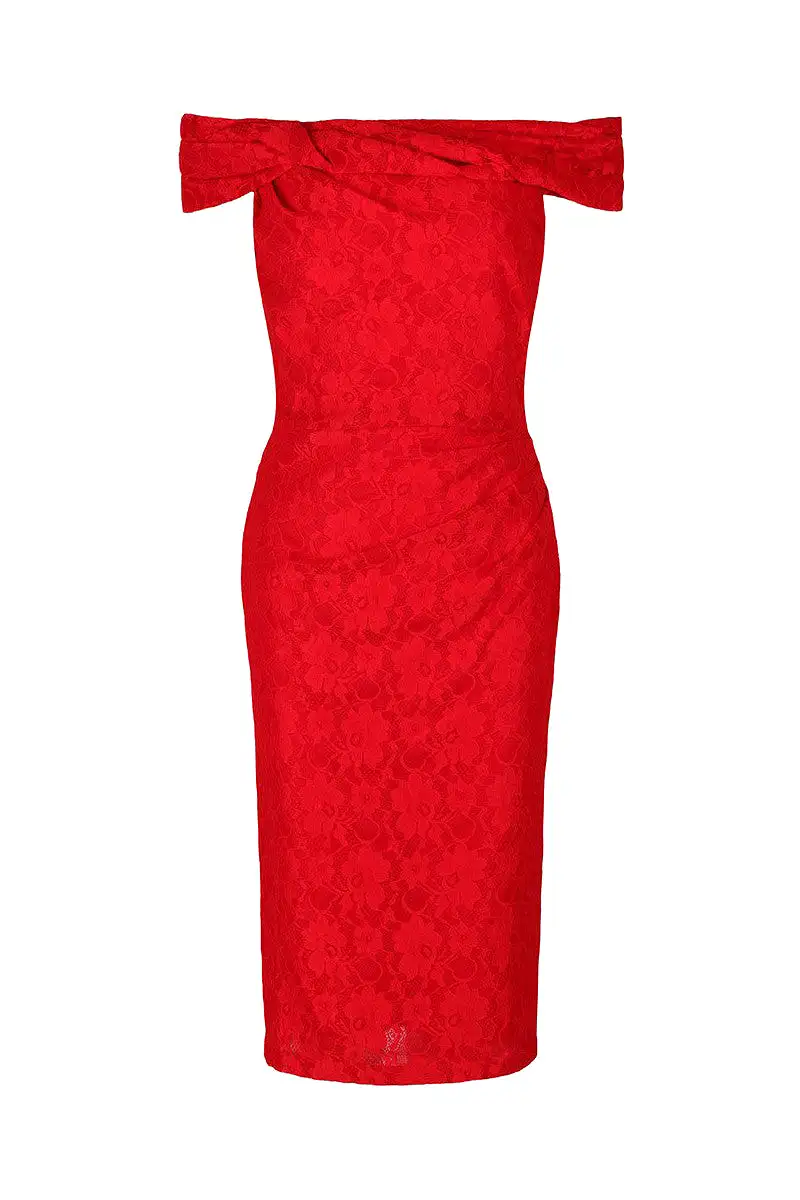 Red Lace Bardot Wiggle Pencil Dress