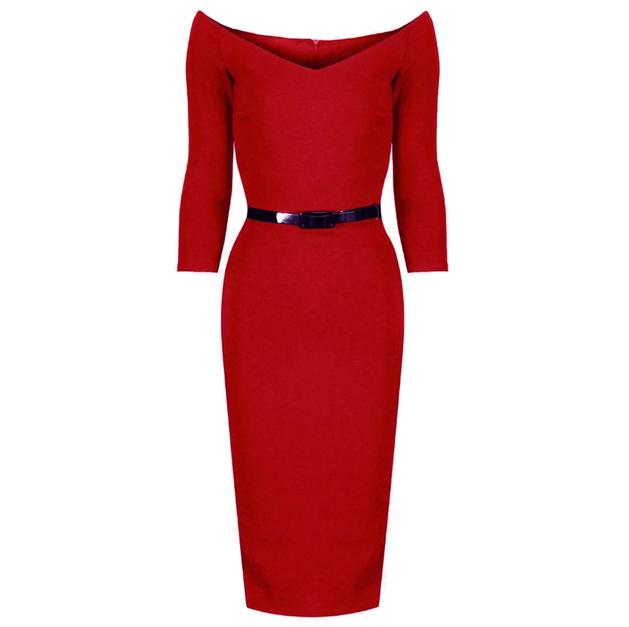 Red Wide V Neck 3/4 Sleeve Vintage Style Belted Pencil Dress