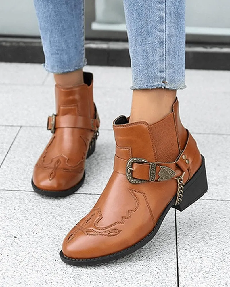 Retro Buckle Decoration Slip On Ankle Boots