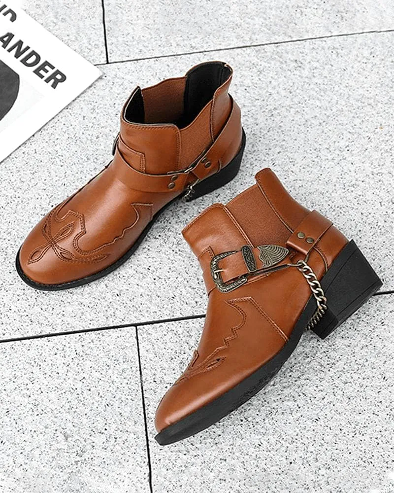 Retro Buckle Decoration Slip On Ankle Boots