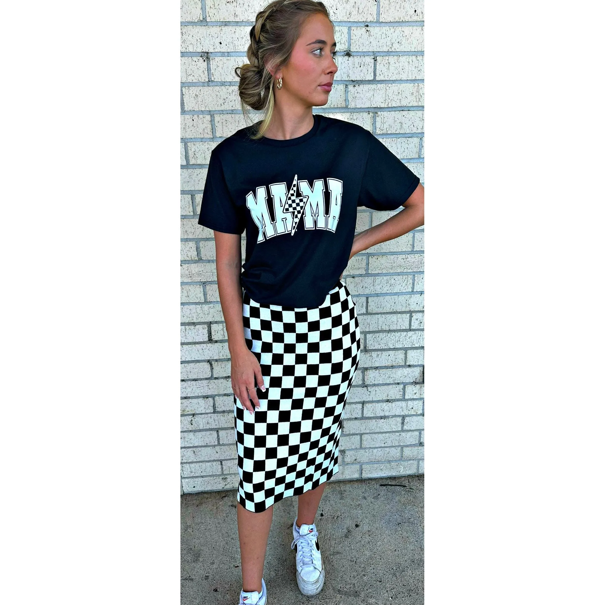 Retro Sweater Black Checkered Skirt