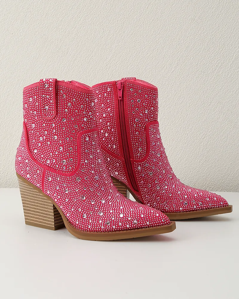 Rhinestone Pointed Toe Zipper Ankle Boots