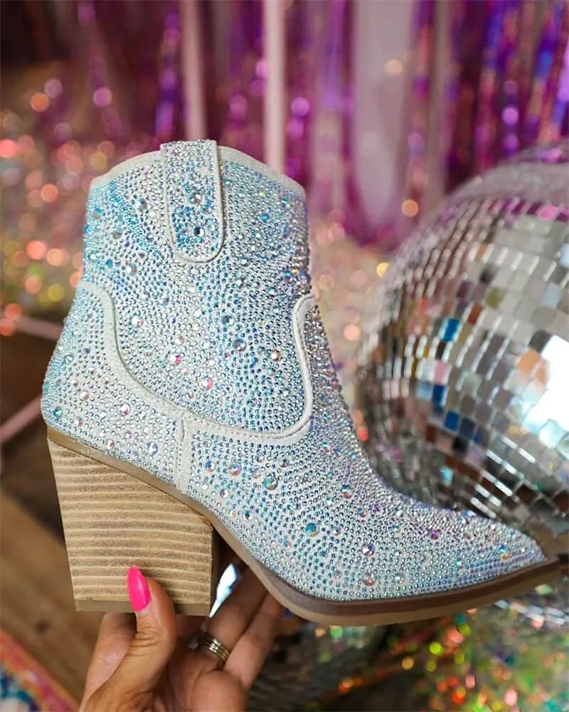 Rhinestone Pointed Toe Zipper Ankle Boots