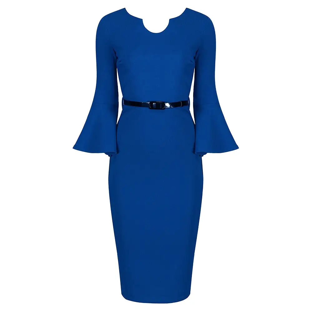 Royal Blue Belted 40s Style Peplum Sleeve Bodycon Wiggle Dress