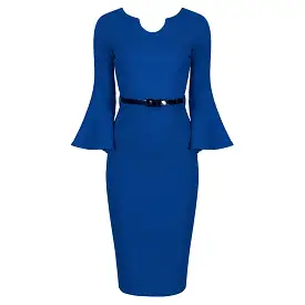 Royal Blue Belted 40s Style Peplum Sleeve Bodycon Wiggle Dress