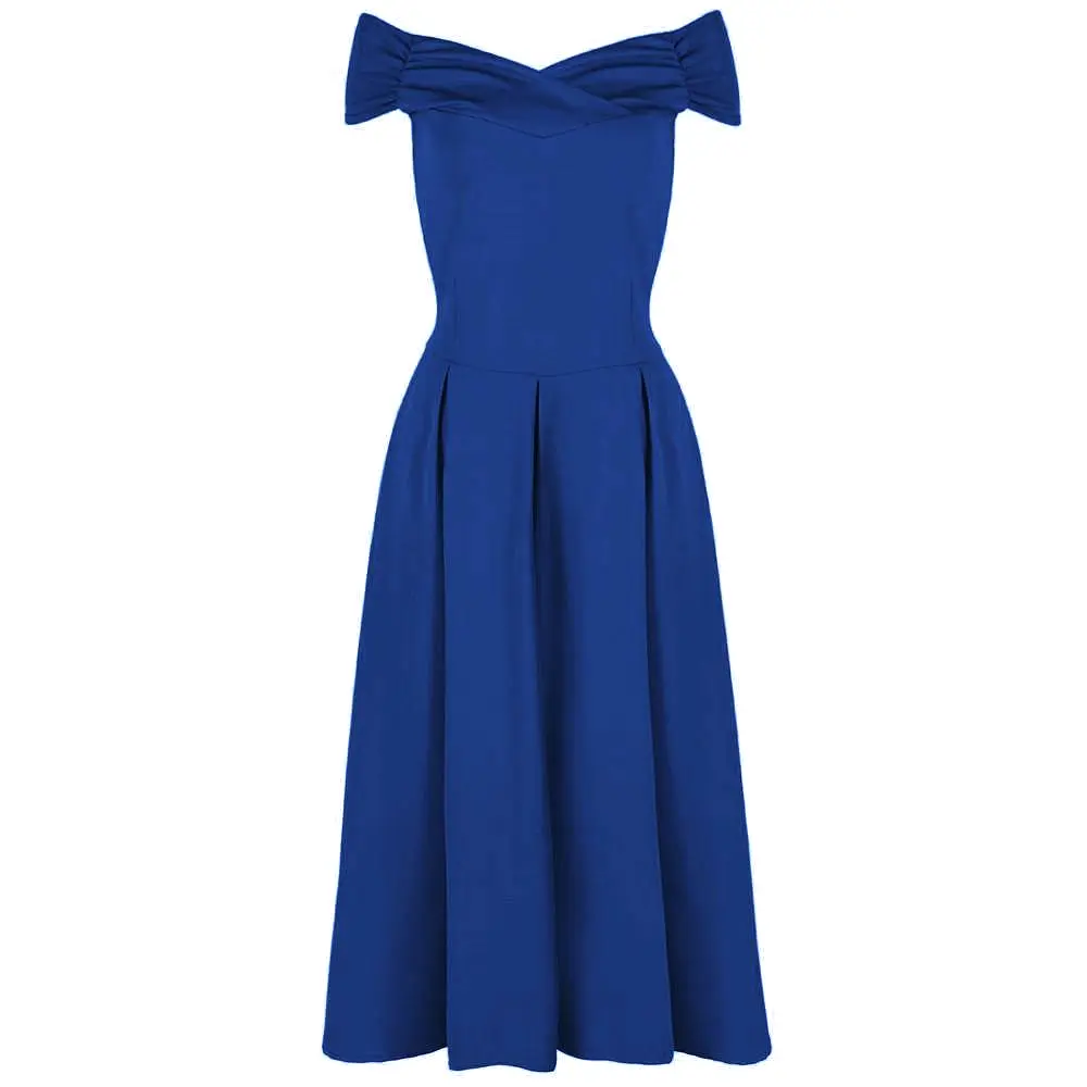 Royal Blue Crossover Vintage Bardot 50s Swing Dress