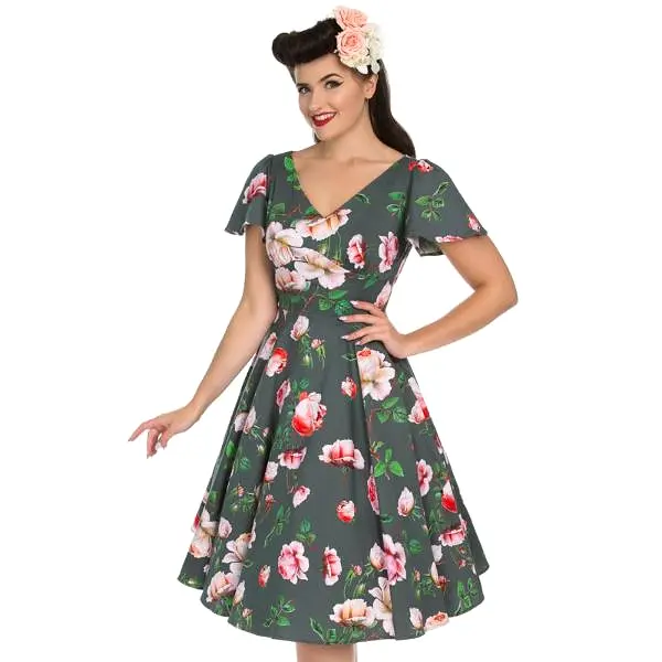 Sage Green Floral Print Cap Sleeve Rockabilly 50s Swing Tea Dress