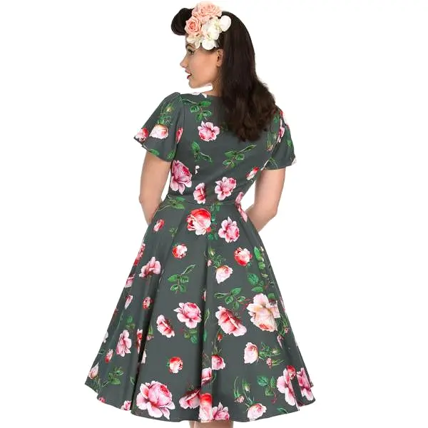 Sage Green Floral Print Cap Sleeve Rockabilly 50s Swing Tea Dress