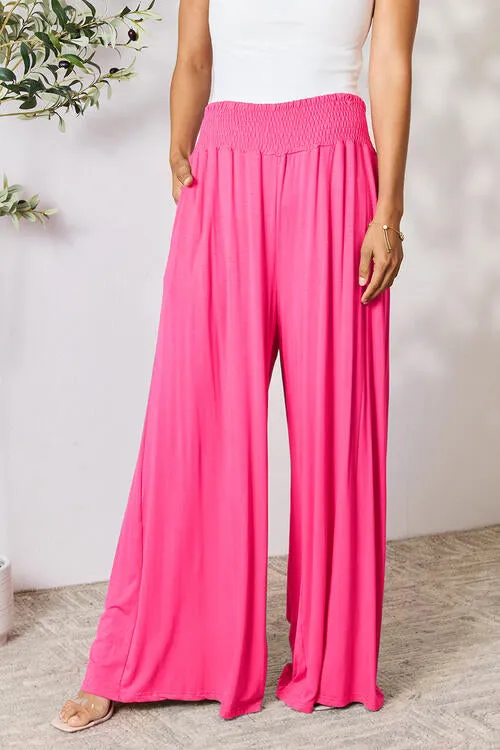 Smocked Wide Waistband Wide Leg Pants**