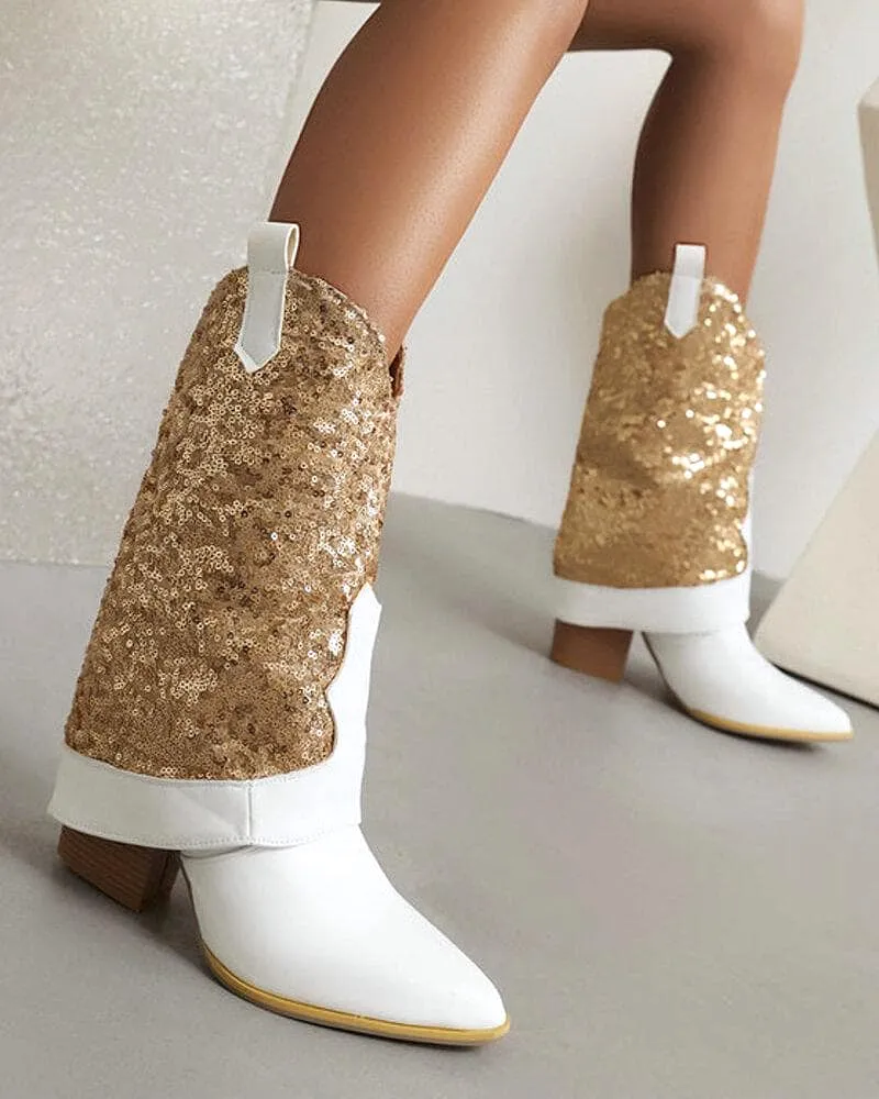 Sparkling Glitter Chunky Heel Boots