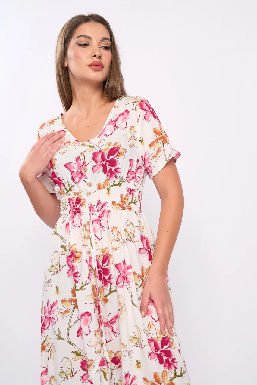 Timeout - Rochie dama maneca scurta cu nasturi si model floral