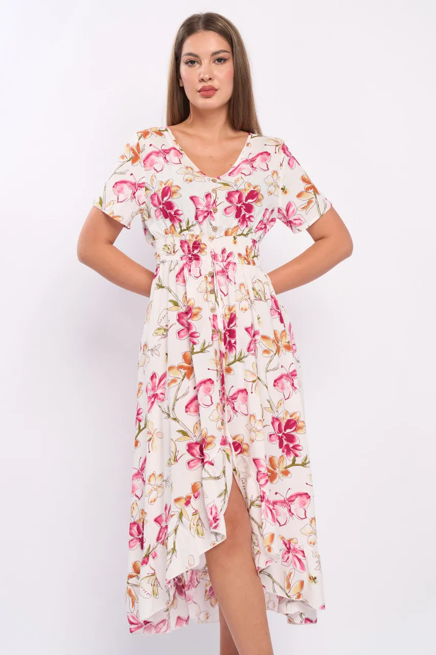 Timeout - Rochie dama maneca scurta cu nasturi si model floral