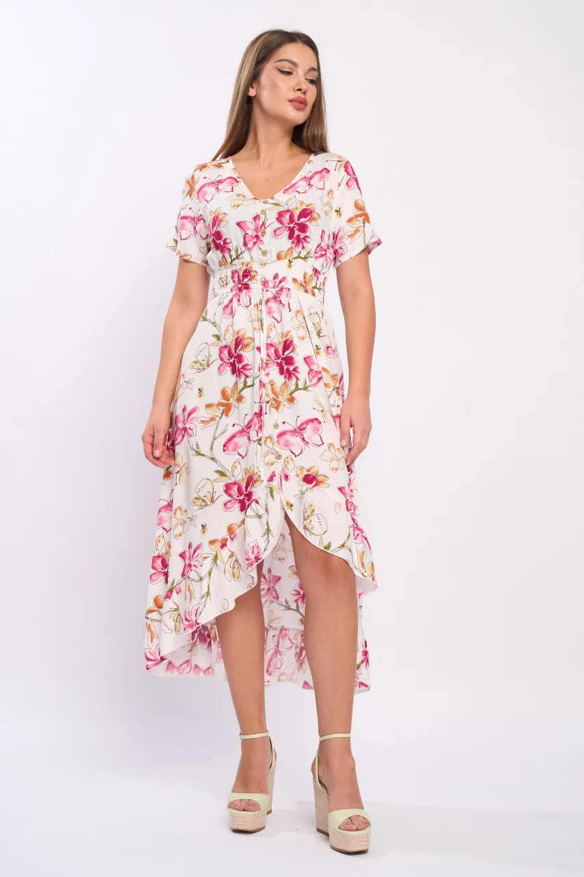 Timeout - Rochie dama maneca scurta cu nasturi si model floral