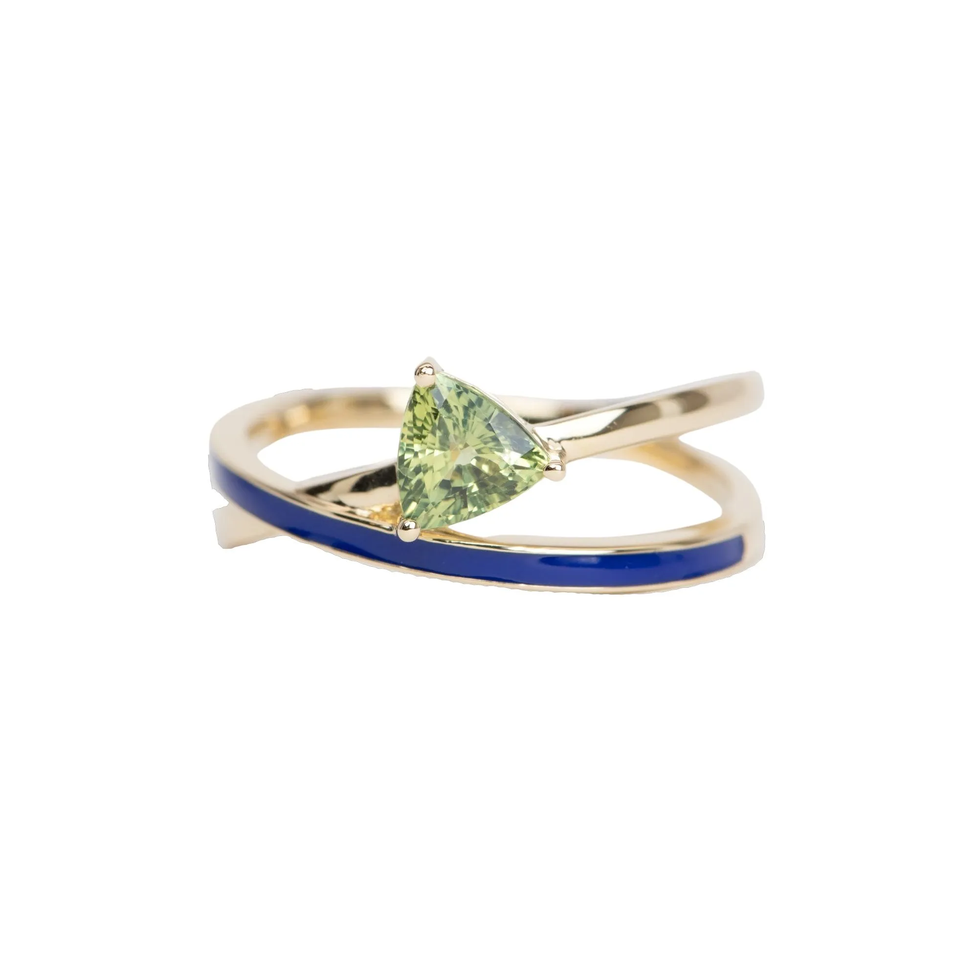 Triangle Teal Sapphire with Blue Enamel Cross Over Ring 14K Gold R6523