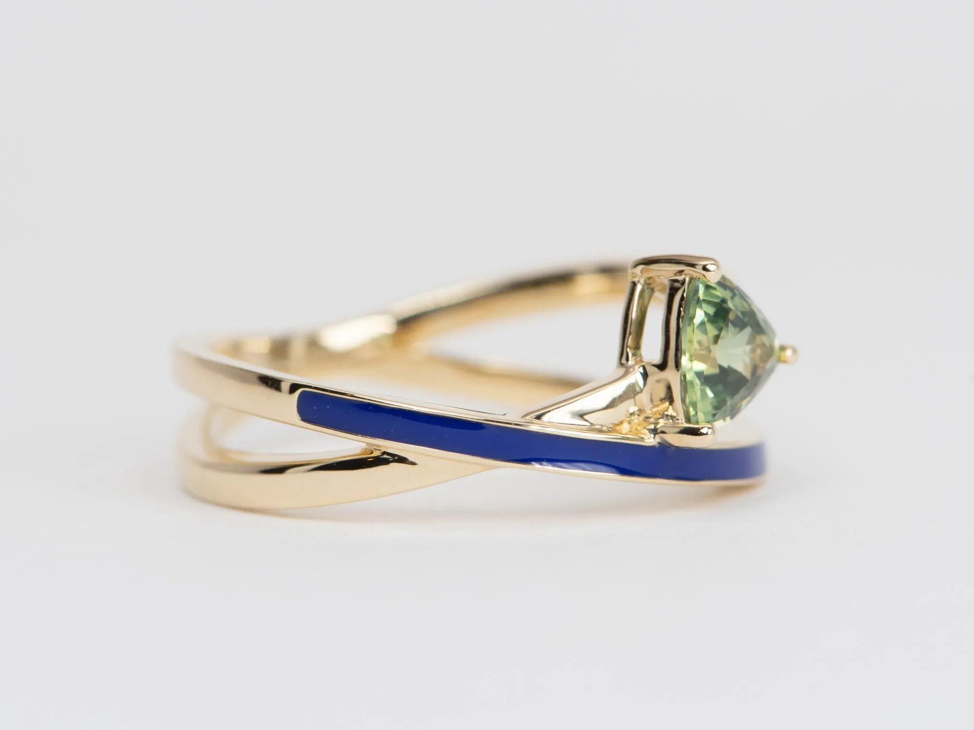 Triangle Teal Sapphire with Blue Enamel Cross Over Ring 14K Gold R6523