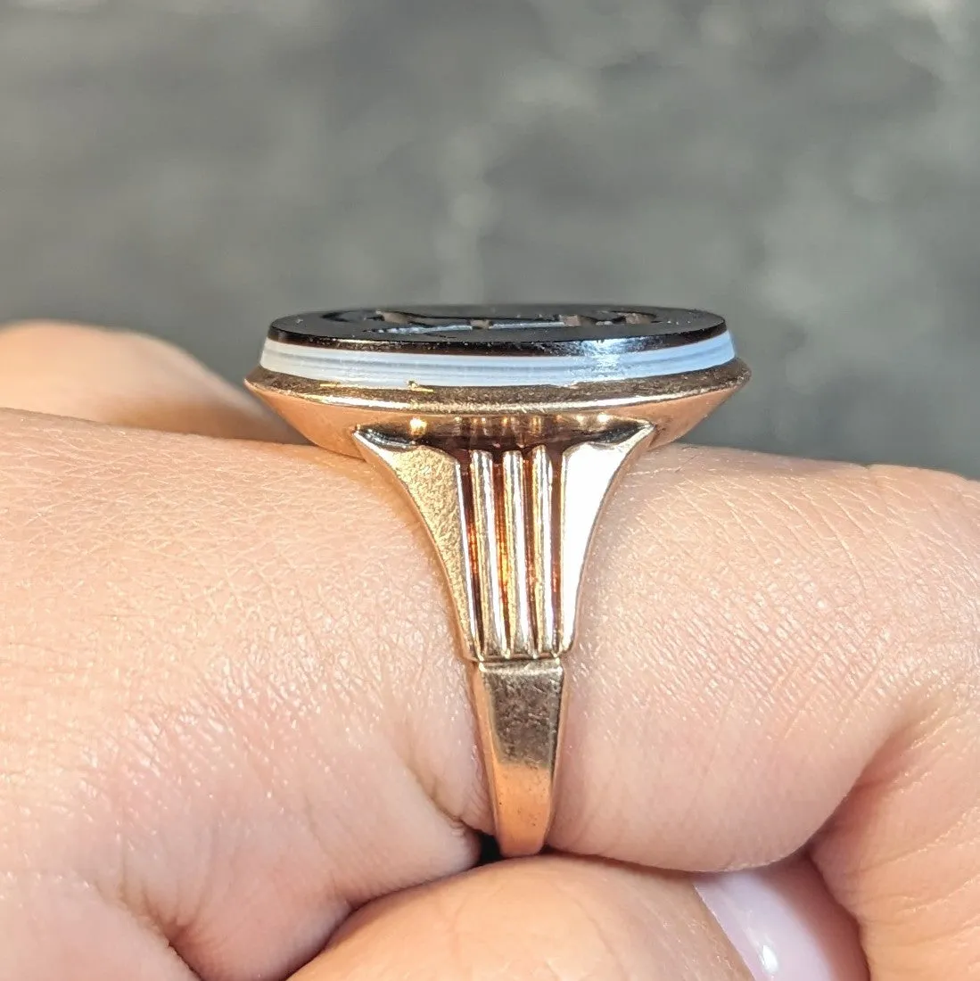 Victorian Banded Agate 14 Karat Rose Gold A Intaglio Antique Signet Ring