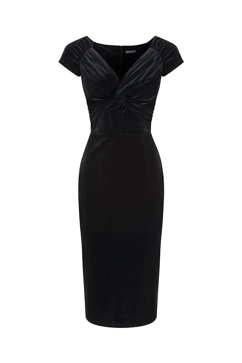 Vintage 1940s Black Velour Crossover Wiggle Dress