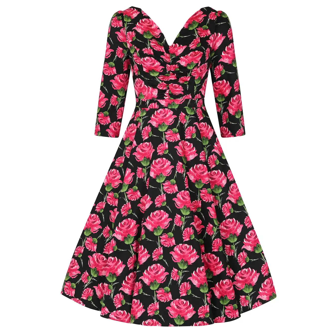 Vintage Black Red Rose Floral Print 3/4 Sleeve 50s Swing Dress