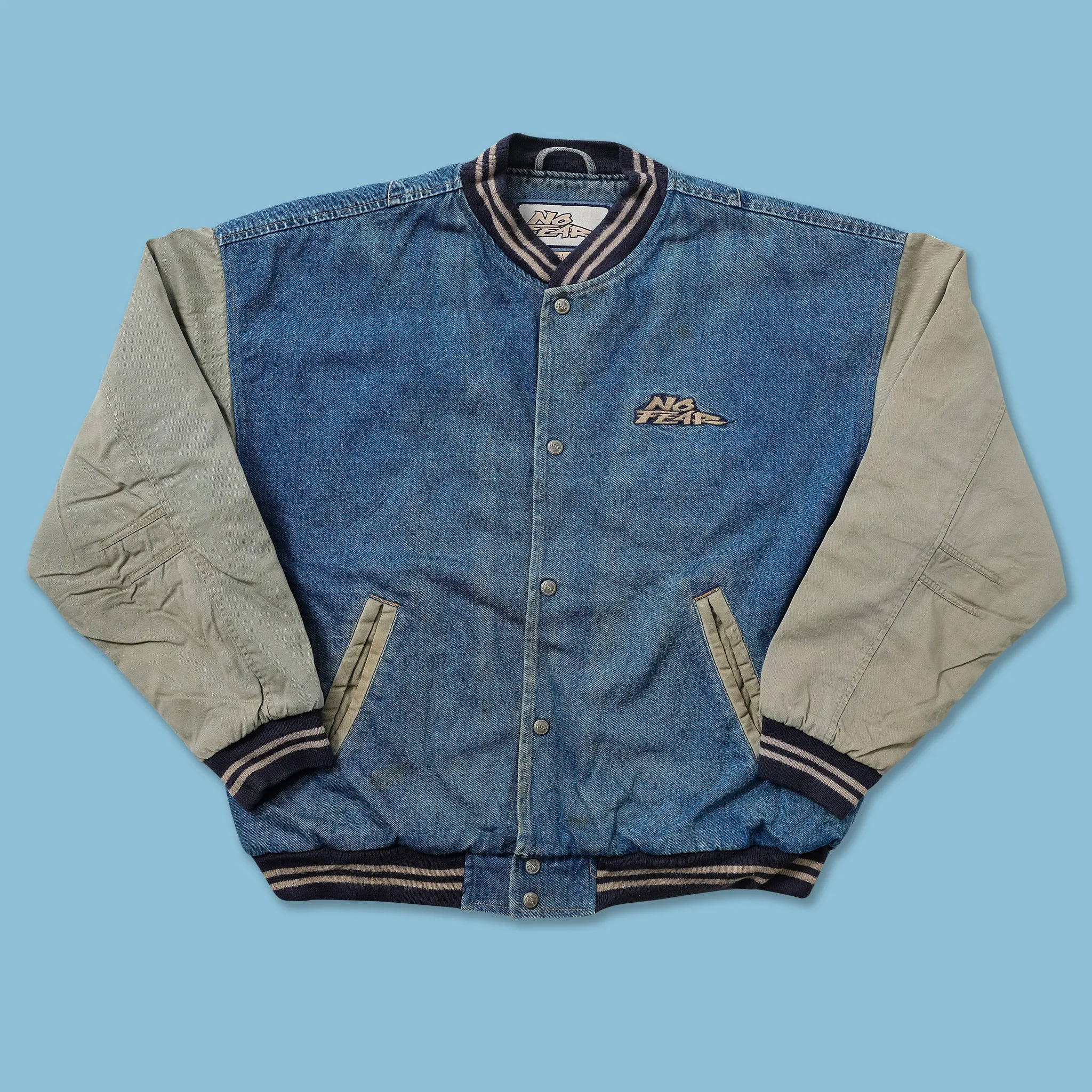 Vintage No Fear Denim Varsity Jacket Large