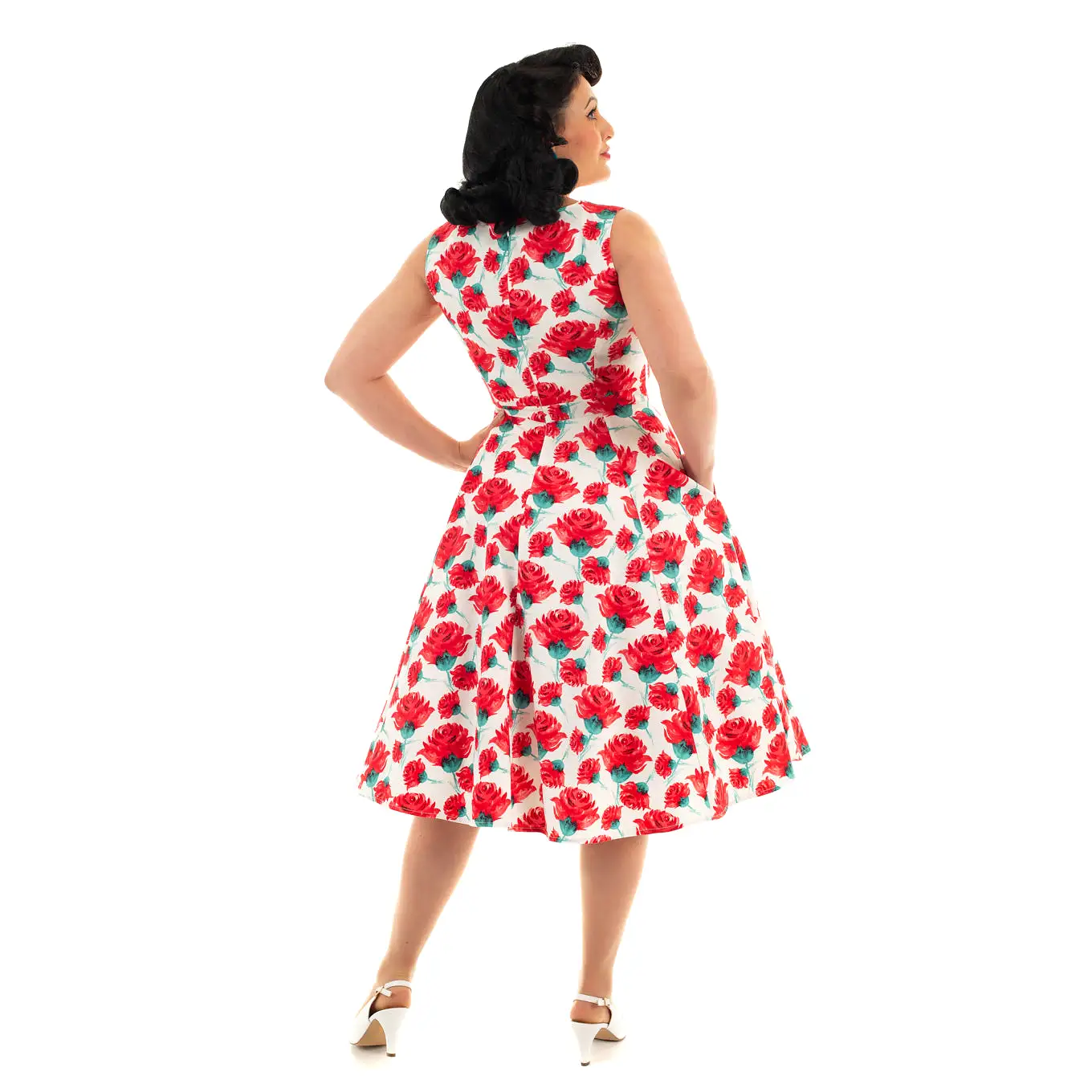 White And Red Rose Vintage V Neck Floral Print Swing Dress