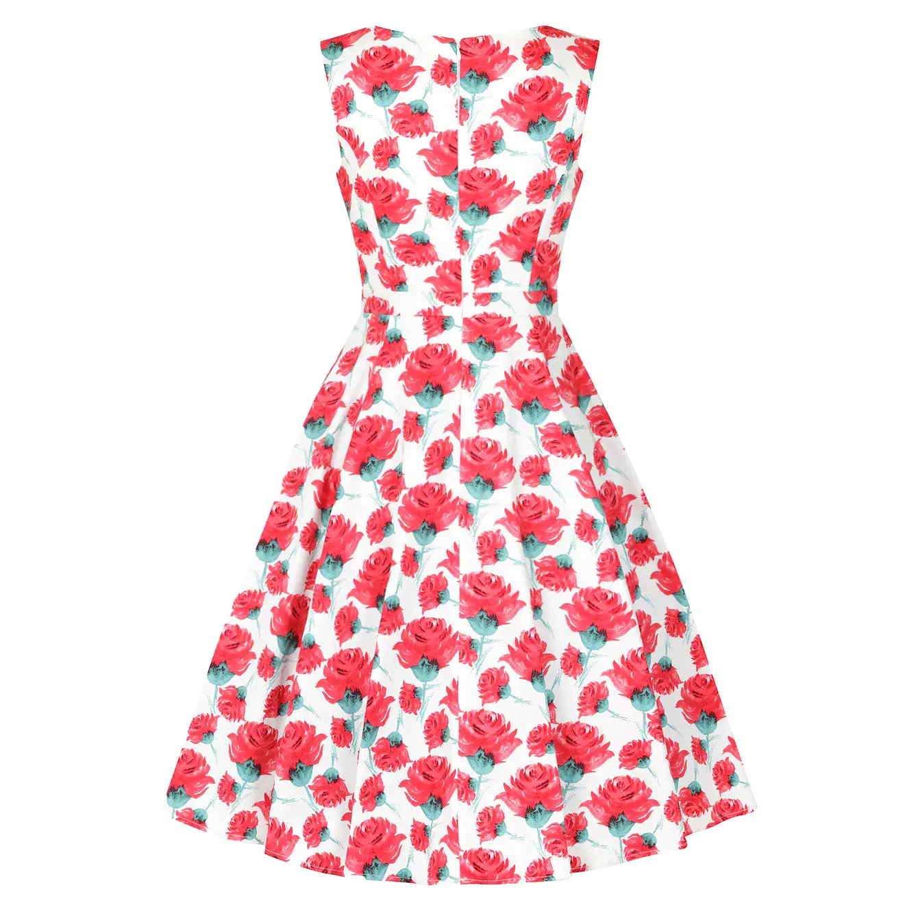 White And Red Rose Vintage V Neck Floral Print Swing Dress