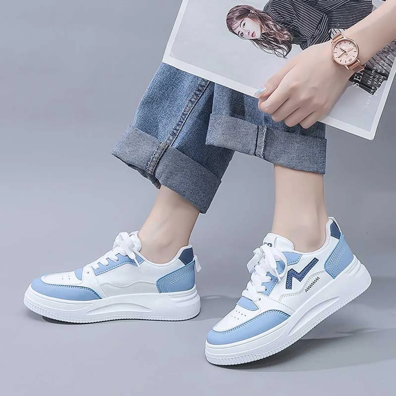 White blue pattern sewn accents shoe sneaker