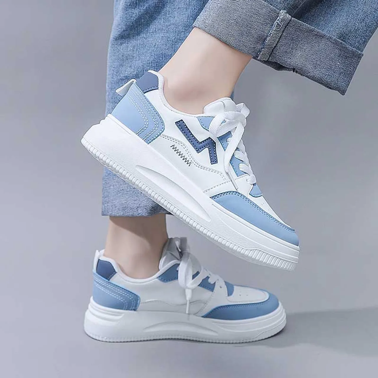 White blue pattern sewn accents shoe sneaker