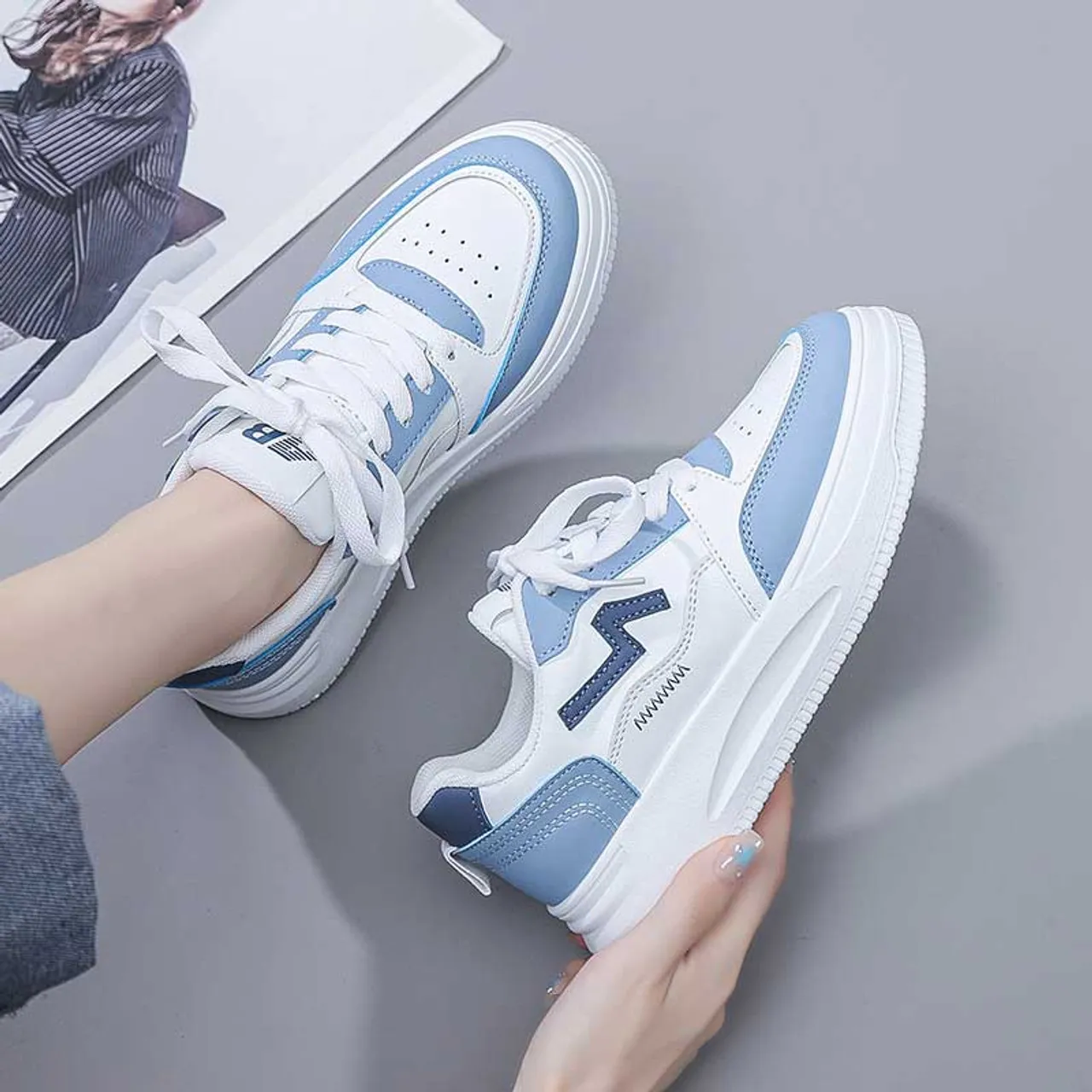 White blue pattern sewn accents shoe sneaker