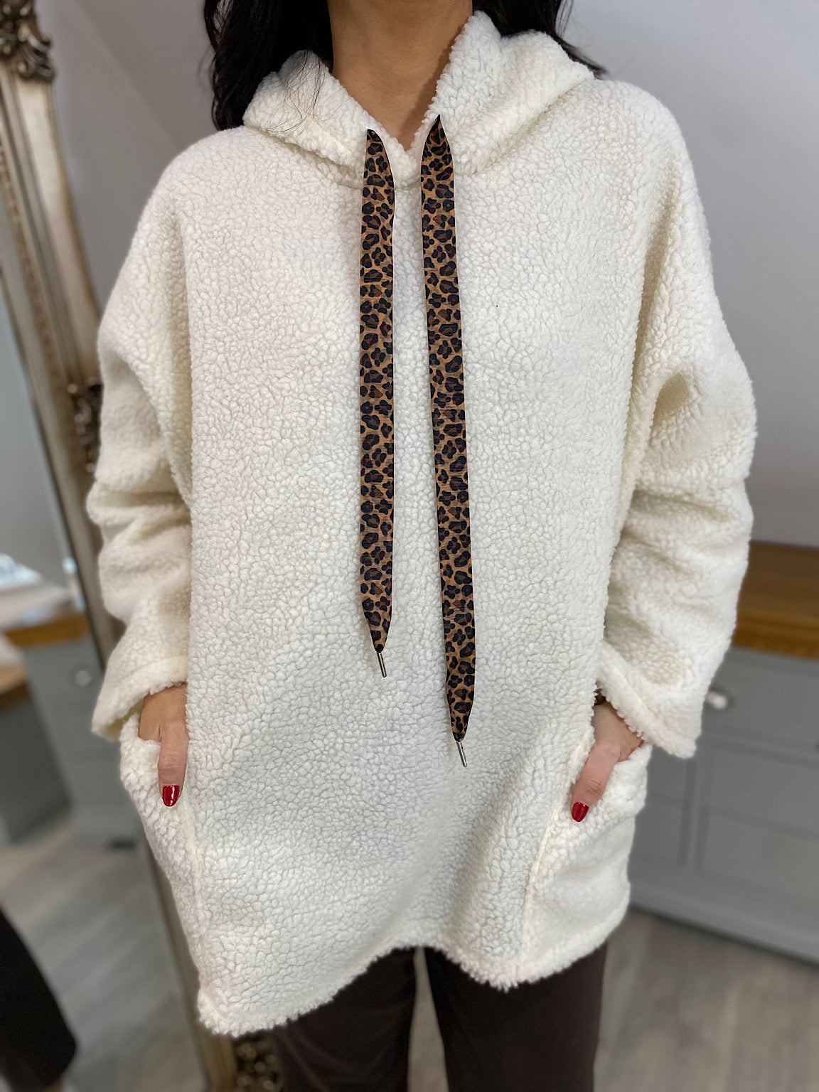 Winter White Leopard Drawstring Hoodie Ava