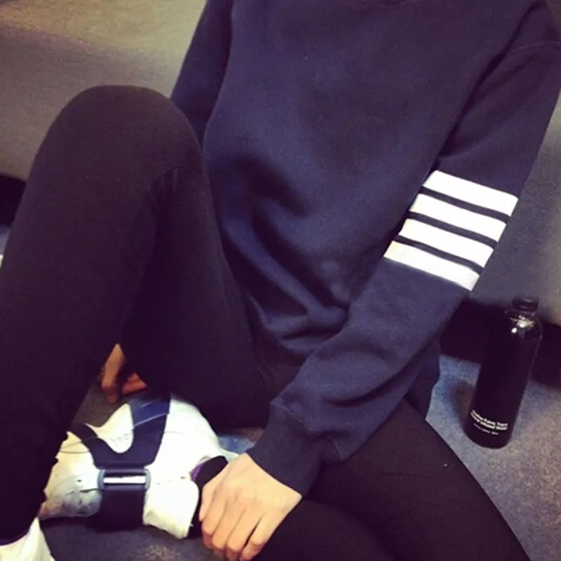 Women Long Sleeve Stripe Pullover Loose Hoody Tracksuit Sweatshirt Blue Grey black Color SM6