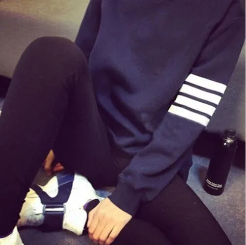 Women Long Sleeve Stripe Pullover Loose Hoody Tracksuit Sweatshirt Blue Grey black Color SM6