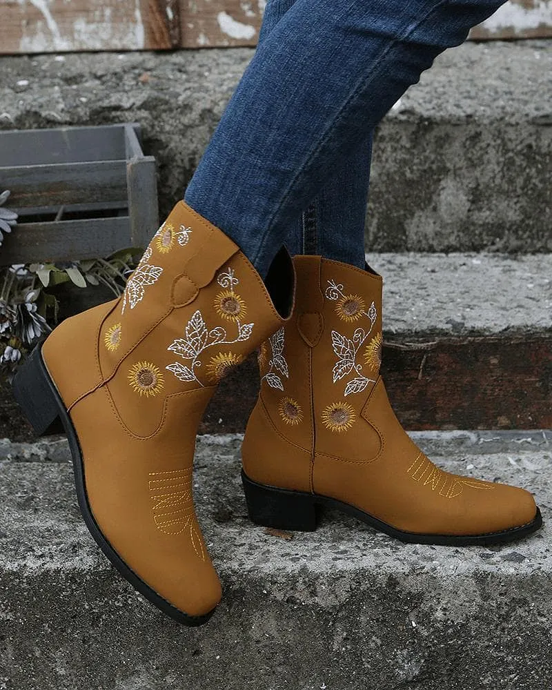 Women's Casual Daily Floral Embroidery Slip On Boots