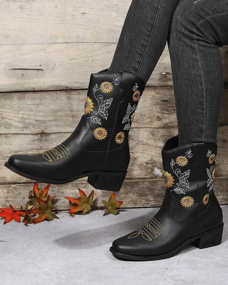 Women's Casual Daily Floral Embroidery Slip On Boots