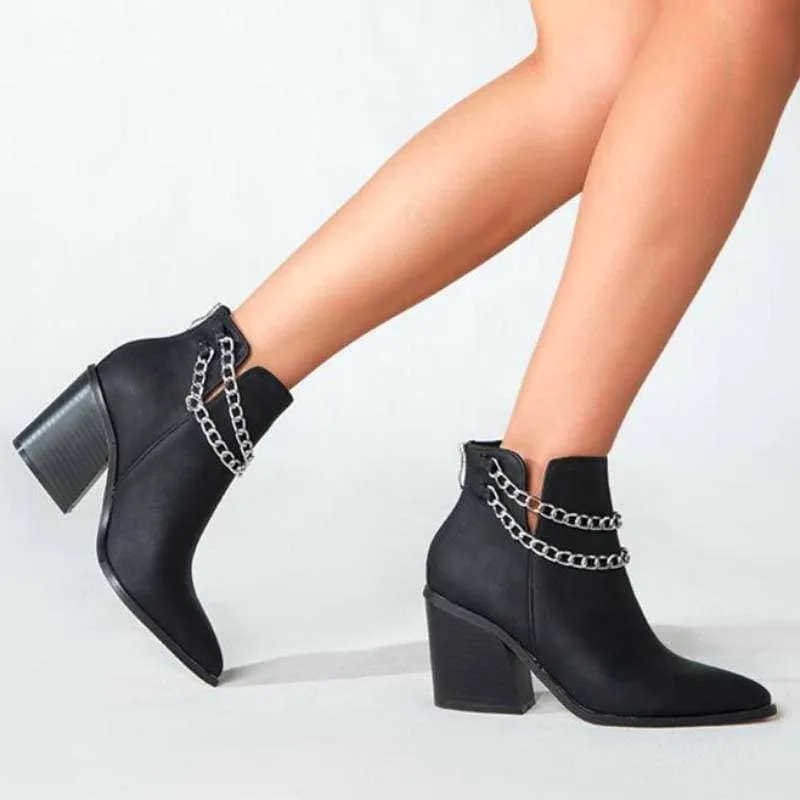 Women's Chain Zipper Back Chunky Heel Boots