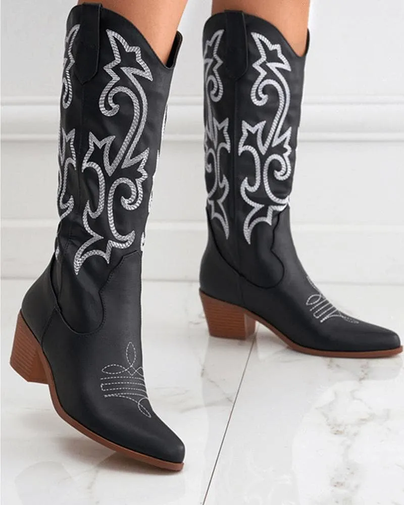 Women's Embroidery Chunky Cowboy Boots